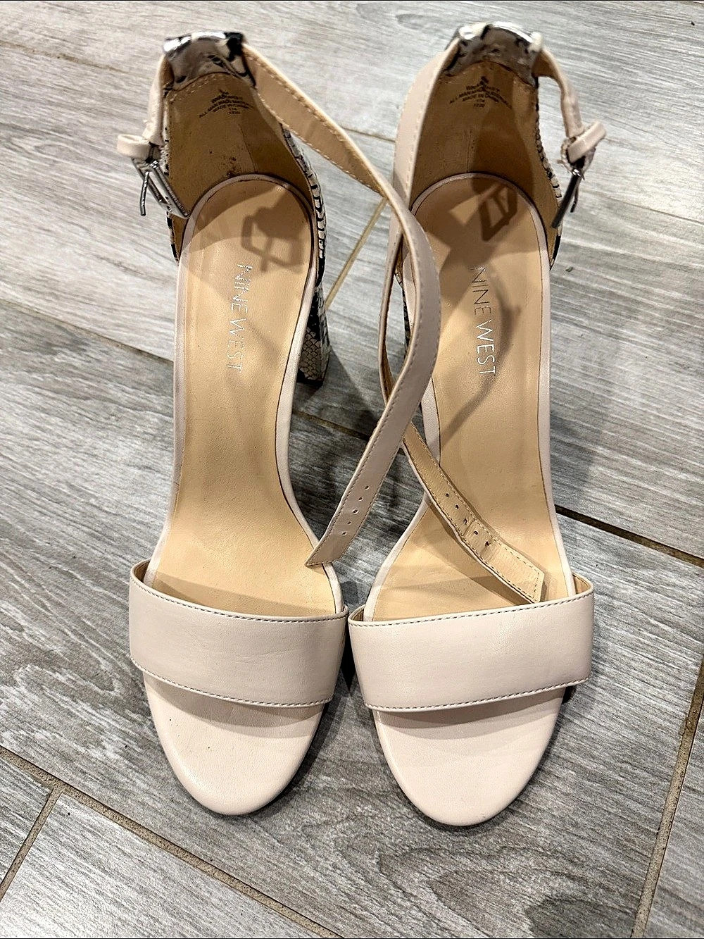 Nine West Pruce Ankle Strap Block Heel Sandal Sandals Beige & Black size 1”